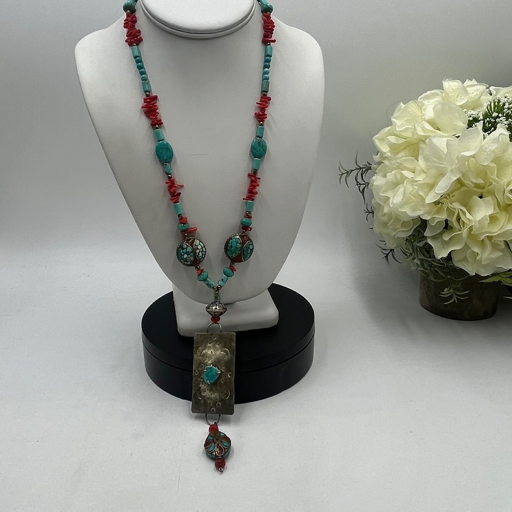 Artisan Tibetan Turquoise and Coral Mosiac Inlay‎ Beaded Y Pendant Necklace